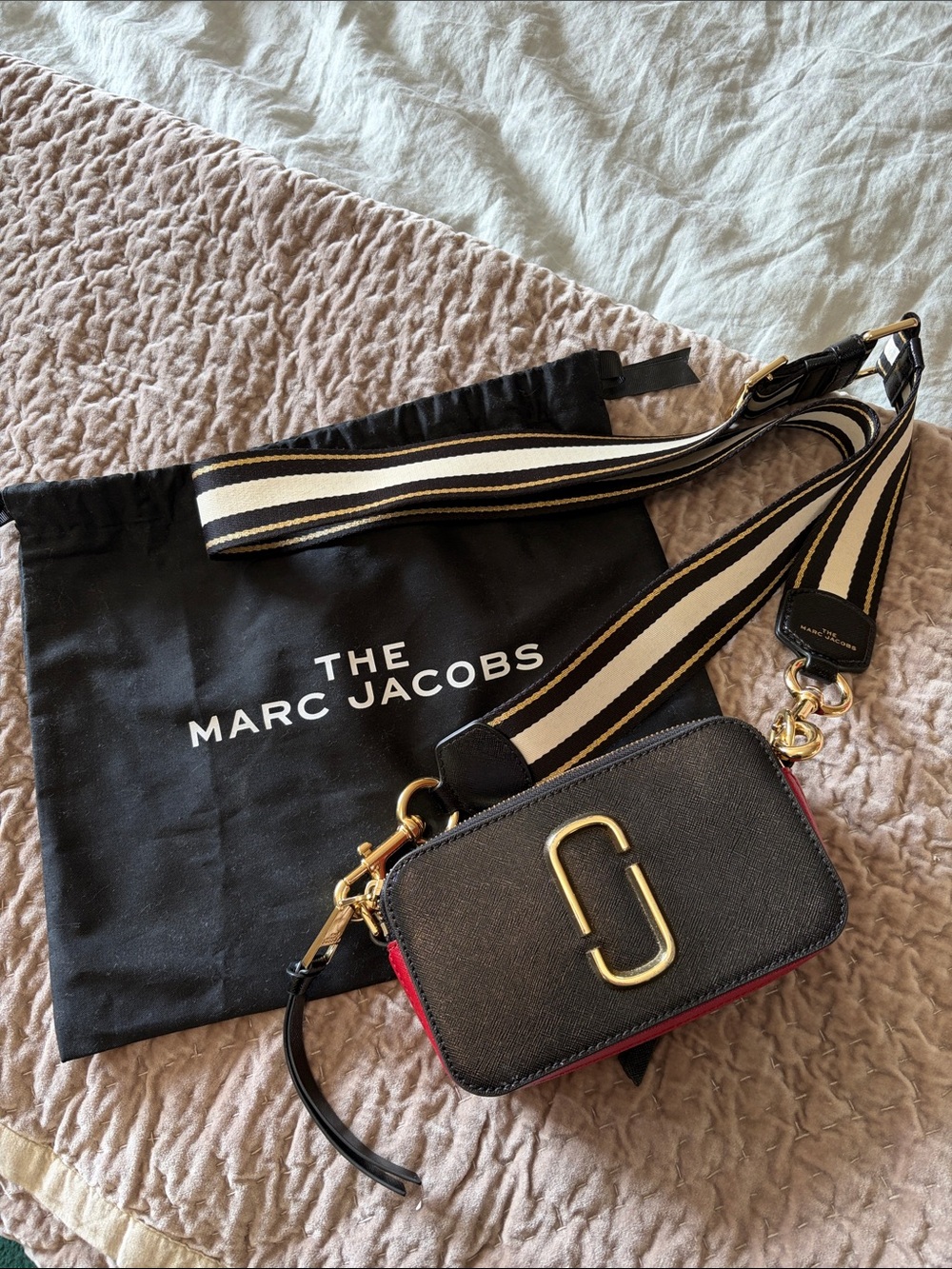Marc Jacobs Black with Red Sides Snapshot Crossbody with Striped Strap